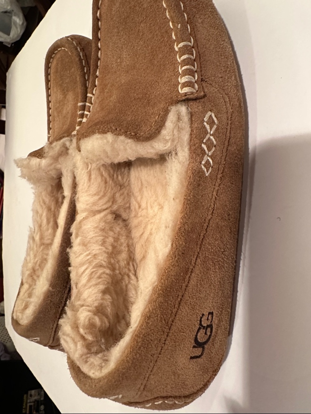 UGG Chestnut Suede Shearling Moccasin Slippers - Warm Lined - Picture 2 of 4